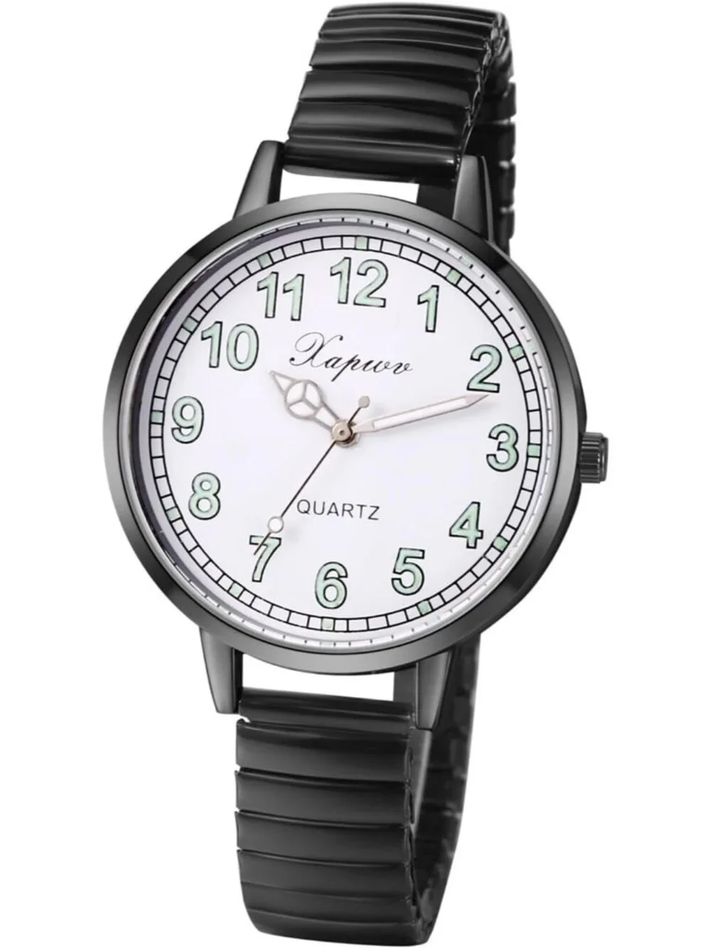 Women's Black Analog Quartz Luminous Dial Easy Reader Stretch Band Wrist Watch